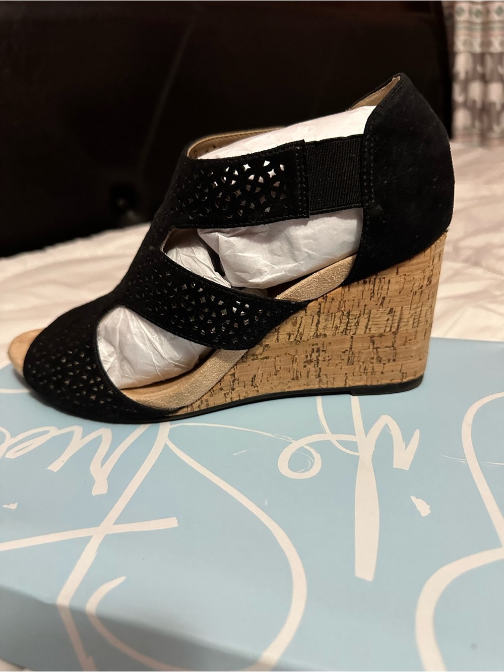 Life Stride Black Suede Cork Wedge Sandal with Laser-Cut Straps
